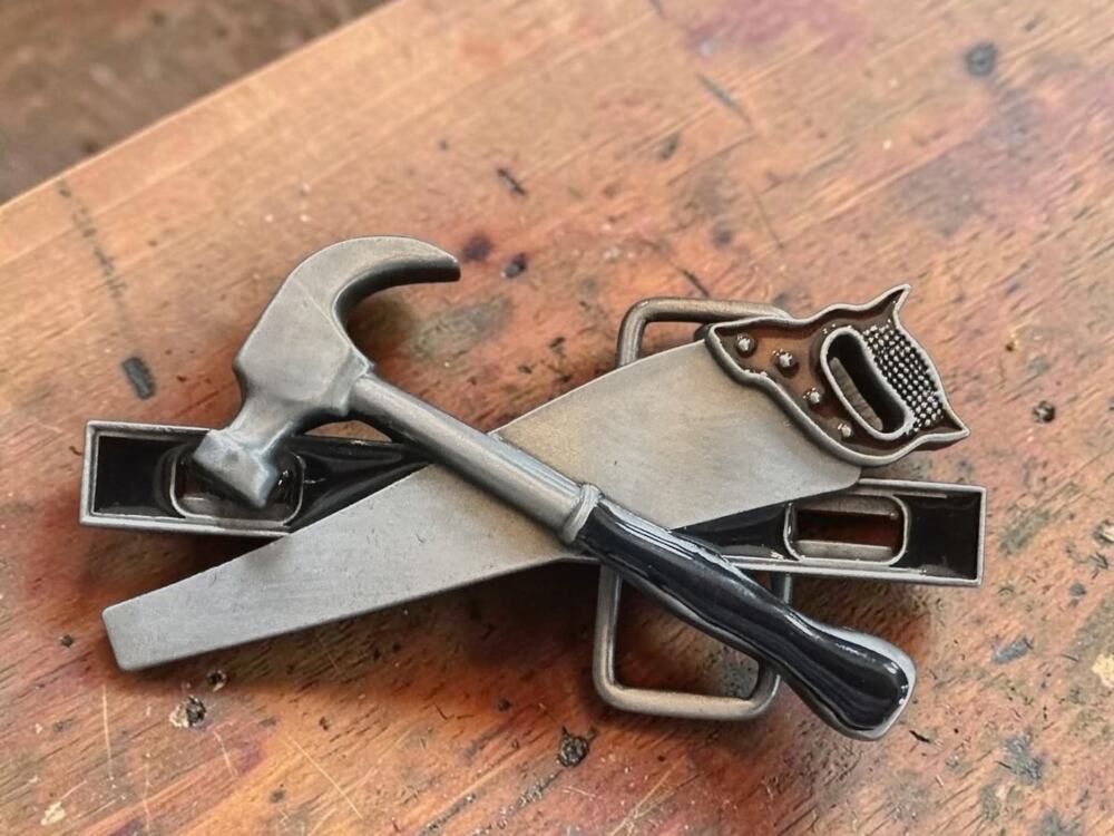 Carpenter Tools Hammer Hand Saw Level Belt Buckle Construction Woodworker